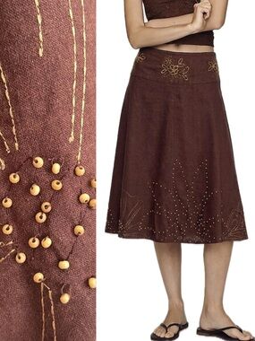 Richard Malcolm Floral Embroidered Beaded Midi Skirt Size 10 Brown Linen Blend